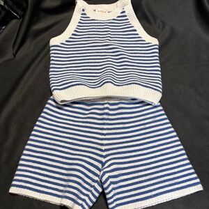 Cat & Jack Girls Blue Light Gray Striped Knit Tank Shorts 2 Piece Set 5T